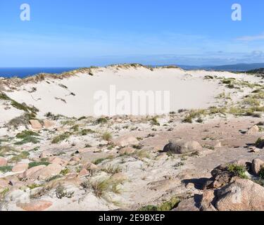 Gigantesca duna di sabbia su una scogliera. Duna Rampante de Monte Branco o Duna rampante di Monte Blanco (Monte Bianco). Costa da morte, Camariñas, Coruña, Spagna. Foto Stock