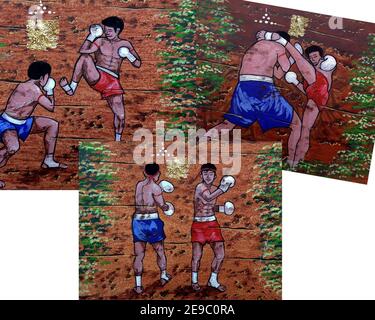 Arte, pittura, colore olio, Muaythai, boxe thailandese, dalla Thailandia Foto Stock