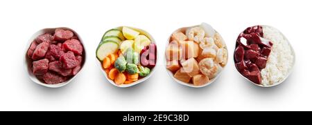 Cani, gatti e altri animali cibo in posizione sopraelevata in alcune ciotole. Piatto su sfondo bianco di salmone, manzo, verdure, gamberi e fegato di fo Foto Stock