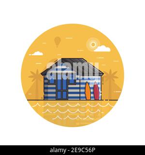 Surf Beach Hut icona Mare in Line Art Illustrazione Vettoriale