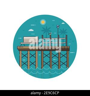 Sea Pier Seaside icona in Line Art Illustrazione Vettoriale