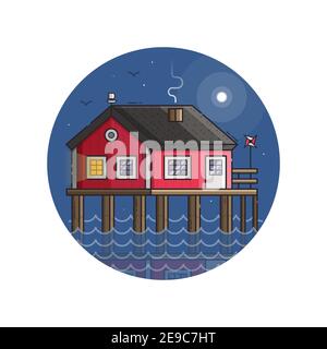 Icona Red Fisherman Swilt House in Line Art Illustrazione Vettoriale