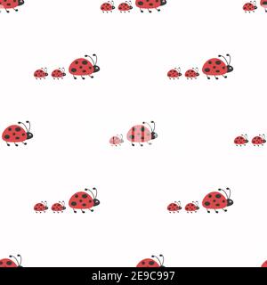 Ladybugs rosso e nero su sfondo bianco. Pattern vettoriale estivo luminoso. Stampa su carta o su tessuto. Illustrazione Vettoriale
