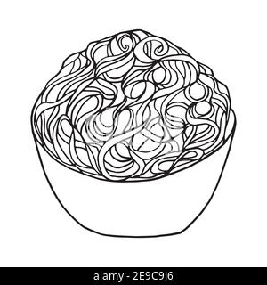 Noodle disegnate a mano. Piatto di cucina cinese. Progettare un elemento di schizzo per menu cafè, ristorante, etichetta e imballaggio. Illustrazione vettoriale su un bianco Illustrazione Vettoriale