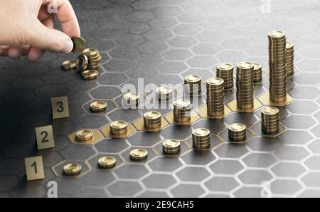 Mano umana impilando monete generiche su uno sfondo nero con forme dorate esagonali. Concetto di gestione degli investimenti e diversificazione del portafoglio Foto Stock