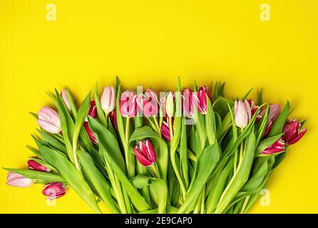 Carta gialla di Pasqua con tulipani rosa e rosso, concetto di vacanza felice Foto Stock