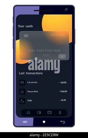 Disegno vettoriale sull'argomento pagamenti online. App mobile banking. Morfismo del vetro. Tema scuro Illustrazione Vettoriale