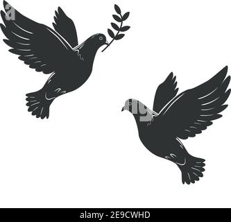 Silhouette di Flying dove con Olive Twig Vector Icon Template. Illustrazione Vettoriale