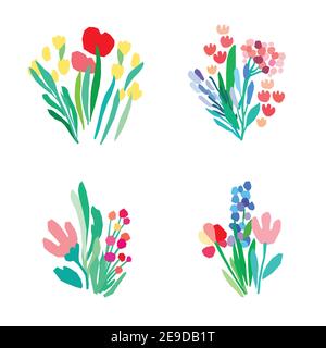 Set di fiori, bouquet primaverili su sfondo bianco. Illustrazione Vettoriale