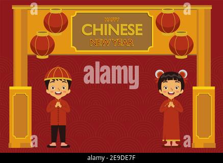 Illustrazione o vettore dei saluti cinesi di Capodanno con cute ragazzo e ragazza cinese che indossano abiti tradizionali cinesi di fronte di una porta di cinese Illustrazione Vettoriale