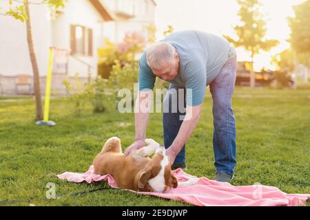 Immagine dell'uomo anziano che accarezza il suo cane carino in natura. Cane è mans migliore amico. Foto Stock