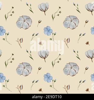 Fiori di lino e gabbiani di cotone motivo senza cuciture acquerello su sfondo beige. Foto Stock