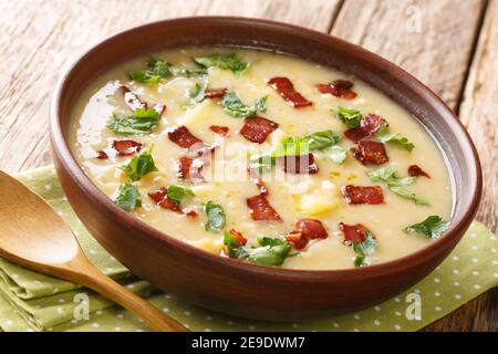 Zuppa bavarese di Rumford di piselli e orzo con pancetta primo piano in un piatto sul tavolo. Orizzontale Foto Stock