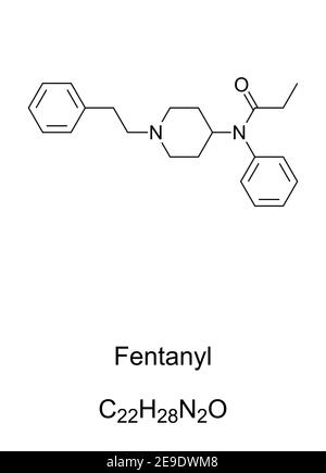 Fentanil, formula chimica e struttura scheletrica. La maggior parte degli oppioidi sintetici utilizzati in medicina come farmaco per il dolore e per l'anestesia. Foto Stock