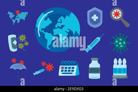 pacchetto di vaccini virus covid19 insieme icone disegno vettoriale illustrazione Illustrazione Vettoriale