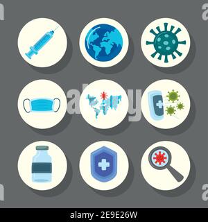gruppo di nove covid19 icone del set di vaccini virali illustrazione vettoriale design Illustrazione Vettoriale