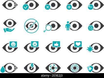 Set di icone colorate per gli occhi umani. Organo visivo sano, malattie degli organi del sistema visivo, trattamento e molto altro. Illustrazione Vettoriale