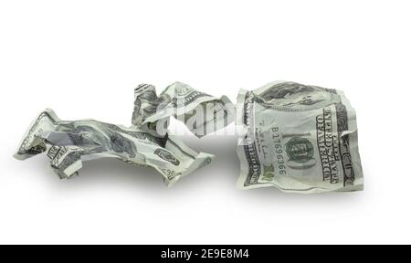 Denaro schiacciato cento dollari bollette isolato su sfondo bianco Foto Stock