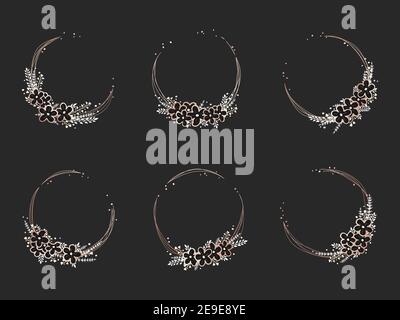 Serie vettoriale di cornici con fiori disegnati a mano ed elementi floreali. Collezione di corone decorative. Elementi in oro e nero. Illustrazione Vettoriale