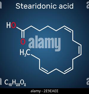 Acido stearidonico, acido morottico, molecola SDA. È un acido omega-3, grasso, ottadecatetraenoico. Formula chimica strutturale sul blu scuro Illustrazione Vettoriale