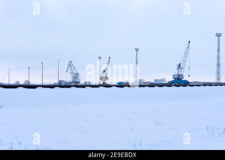 Magdeburgo, Germania. 30 gennaio 2021. Le gru di carico si trovano nel porto industriale di Magdeburgo. Credit: Stefano Nosini/dpa-Zentralbild/ZB/dpa/Alamy Live News Foto Stock