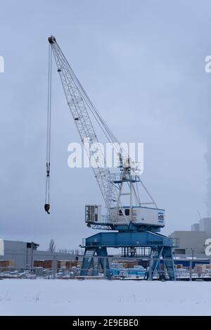 Magdeburgo, Germania. 30 gennaio 2021. Una gru di carico si trova nel porto industriale di Magdeburgo. Credit: Stefano Nosini/dpa-Zentralbild/ZB/dpa/Alamy Live News Foto Stock