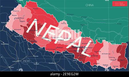 Nepal paese Mappa dettagliata modificabile con regioni città e città, strade e ferrovie, siti geografici. File vettoriale EPS-10 Illustrazione Vettoriale