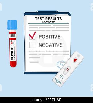 Forma con i risultati del test per il coronavirus da un laboratorio medico. Diagnosi del coronavirus mediante sangue da una provetta. Risultati del test covid-19. Illustrazione Vettoriale