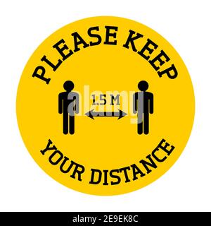 Conservare l'adesivo di distanza. Adesivo piano di distanziamento sociale per edifici pubblici e negozi. Misure di sicurezza contro la pandemia di coronavirus. Illustrazione Vettoriale