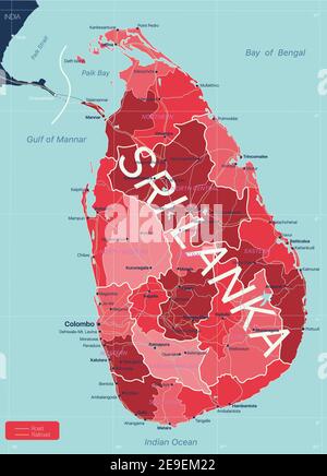 Sri Lanka Mappa dettagliata modificabile con regioni città e città, strade e ferrovie, siti geografici. File vettoriale EPS-10 Illustrazione Vettoriale