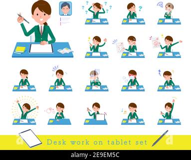 Un set di studentesse che studiano su un tablet.è arte vettoriale così facile da modificare. Illustrazione Vettoriale