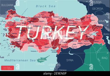 Paese Turchia Mappa dettagliata modificabile con regioni città e città, strade e ferrovie, siti geografici. File vettoriale EPS-10 Illustrazione Vettoriale