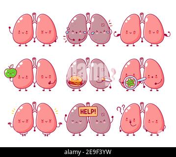 Carino divertente polmone umano organo serie di caratteri. Icona di illustrazione del carattere kawaii della cartoon vettoriale a linea piatta. Isolato su sfondo bianco. Concetto di bundle di caratteri per organi polmonari Illustrazione Vettoriale