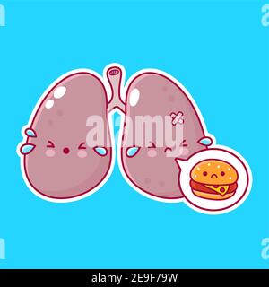 Carino ammalato grido umano polmoni organo carattere con hamburger in bolla del parlato. Icona di illustrazione del carattere kawaii della cartoon vettoriale a linea piatta. Concetto del carattere dell'organo dei polmoni Illustrazione Vettoriale