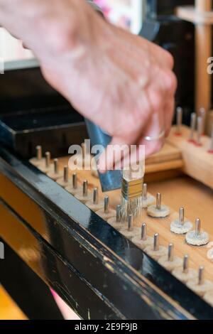 Impostazione di un piano vecchio. Il maestro ripara un vecchio pianoforte. Pulizia profonda del pianoforte. Mani di lavoratore professionista che riparano e sintonizzano un vecchio pianoforte Foto Stock