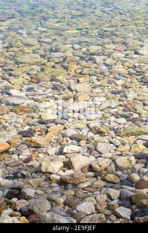 Pietre marine colorate sotto l'acqua, ciottoli marini, acque trasparenti del mare Adriatico Foto Stock