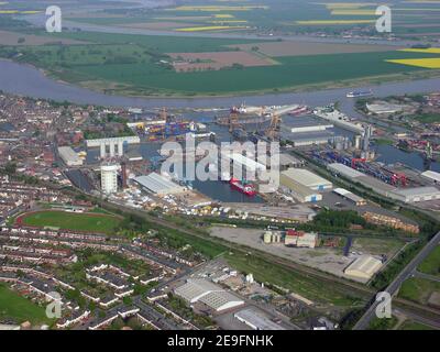 Vista aerea di Goole Docks sul fiume Ouse, East Yorkshire, Regno Unito Foto Stock