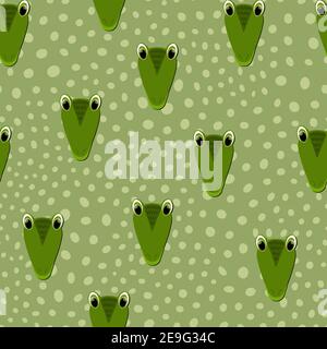 Vector animali piatti illustrazione colorata per i bambini. Motivo senza cuciture con cute coccodrillo viso su sfondo verde polka puntini. Adorabile cartone animato Illustrazione Vettoriale