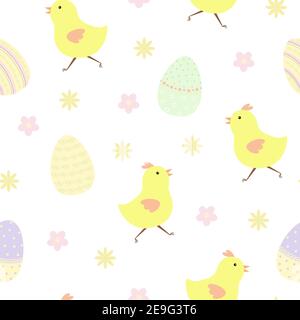 Simbolo della vacanza di Pasqua uova colorate decorate in tonalità pastello, pollo, fiori senza cuciture motivo, piatto stile vettoriale illustrazione per la primavera festa ti Illustrazione Vettoriale