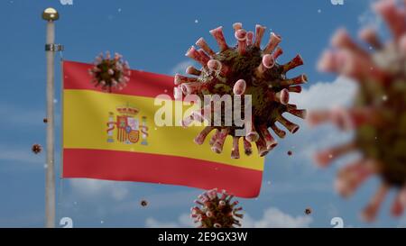 Bandiera spagnola e Coronavirus 2019 nCov Concept. Epidemia asiatica in Spagna, coronavirus influenza come casi pericolosi di ceppo influenzale come pandemia. M Foto Stock