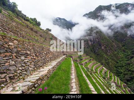 Choquequirao, una delle migliori rovine Inca del Perù. Sentiero escursionistico Choquequirao Inca vicino a Machu Picchu. Regione di Cuzco in Perù. Campi terrazzati Foto Stock