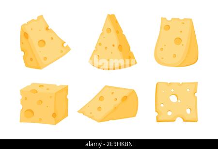 Set di parti di formaggio e fette isolate su sfondo bianco. Icona di formaggio piatto. Vettore testa di formaggio in stile piatto isolato su sfondo bianco. Illustrazione Vettoriale