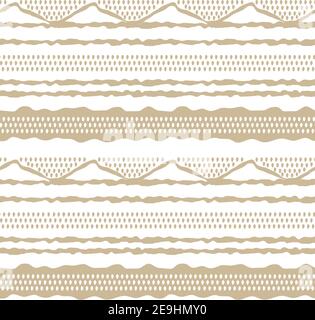 Beige astratto orizzontale ripetizione contorno modello senza giunture. Parti irregolari, ritorte di triangoli o linee spezzate, zigzag, cerchi o forme di grandi punti Illustrazione Vettoriale