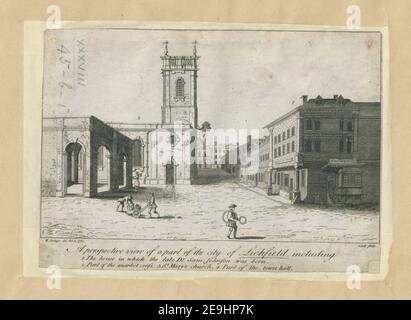 Una vista prospettica di una parte della città di Lichfield, tra cui 1. La casa in cui nacque il dottor Sam Johnson. 2. Parte del mercato trasversale. 3. Chiesa di Santa Maria. 4. Parte del municipio. Autore Cook, Thomas 38.45.b.1. Luogo di pubblicazione: [Londra] Editore: [David Henry] Data di pubblicazione: [Febbraio 1785] tipo di articolo: 1 stampa mezzo: Incisione dimensioni: Foglio 10.7 x 15.4 cm (tagliato sotto il platemark) ex proprietario: George III, Re di Gran Bretagna, 1738-1820 Foto Stock