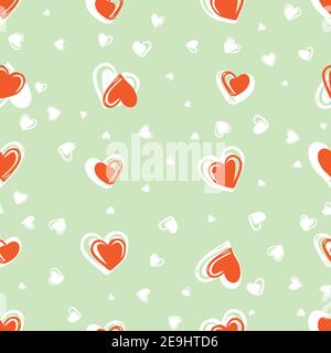 Vettore verde doodle cute cuori sparsi valentine senza cuciture modello. Adatto per tessuti, confezioni regalo e carta da parati. Illustrazione Vettoriale