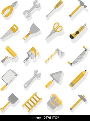 Strumenti per carpentiere, illustrazione, vettore su sfondo bianco. Illustrazione Vettoriale