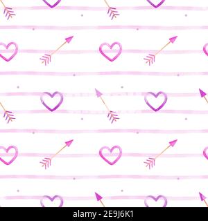 Il giorno di San Valentino è un motivo a strisce con cuori e frecce cupide nei colori rosa e viola. Illustrazione acquerello. Design romantico e festivo. Foto Stock