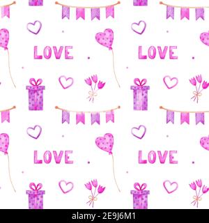 San Valentino acquerello modello senza giunture con palloncini rosa e viola, regali, ghirlanda, fiori e cuori. Design romantico e festivo. Foto Stock