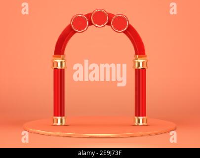 arco rosso 3d con base rotonda isolata su sfondo arancione. Adatto per promo di evento cinese di nuovo anno. Illustrazione Vettoriale