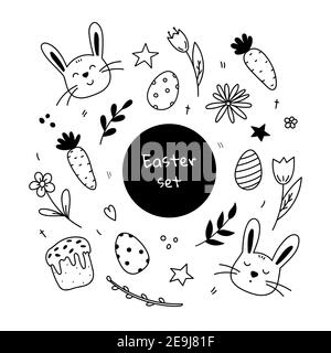 Set di elementi di design di Pasqua. Conigli carini, uova di Pasqua, torta di Pasqua, ramoscelli primavera, fiori e carote. Illustrazione disegnata a mano del doodle vettoriale. Illustrazione Vettoriale